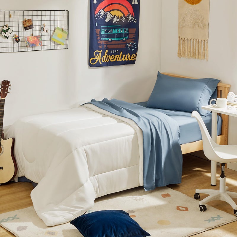 SLEEP ZONE مجموعة ملاءات سرير مكونة من 3 قطع من SLEEP ZONE، ملاءة سرير من الألياف الدقيقة مقاس Twin XL، مجموعة ملاءات سرير ناعمة ومسامية، ملاءة مثبتة بجيب عميق، ملاءة مسطحة وكيس وسادة (حجر الصوان الأزرق. Twin XL) - Image 2